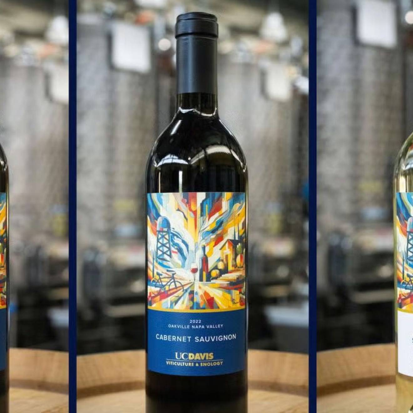 UC Davis wine label Three wine bottles, two red, one white