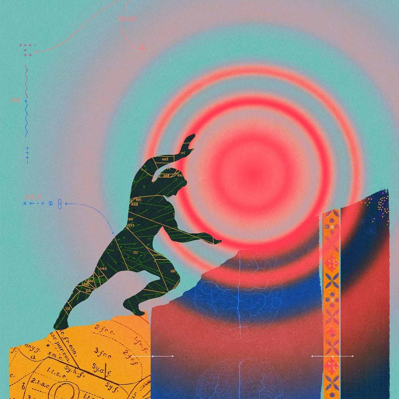 The battle against chronic pain In an illustration, a silhouetted figure pushes a red ball with concentric red circles emanating from it up a hill