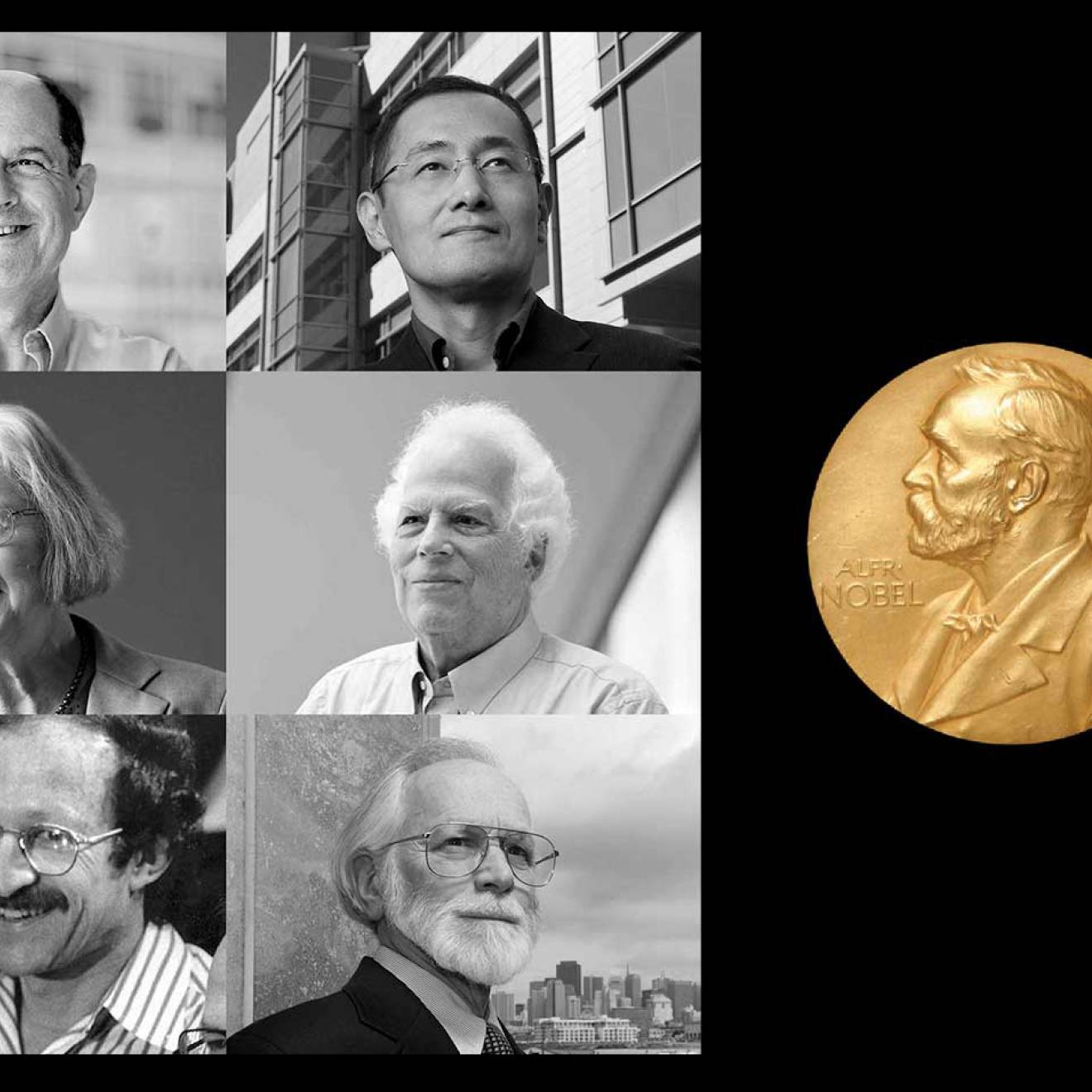 UCSF Nobelists A 2x3 collage of portraits of 6 Nobelists from UCSF next to an image of a Nobel Prize