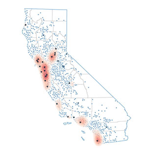Map of California indicating wildlife rehabilitation organizations and cases of wildlife illness and death events